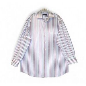 Canali  Dress Shirt Mens 16.5/ 42 Purple Blue Stripe Button Up Made Italy